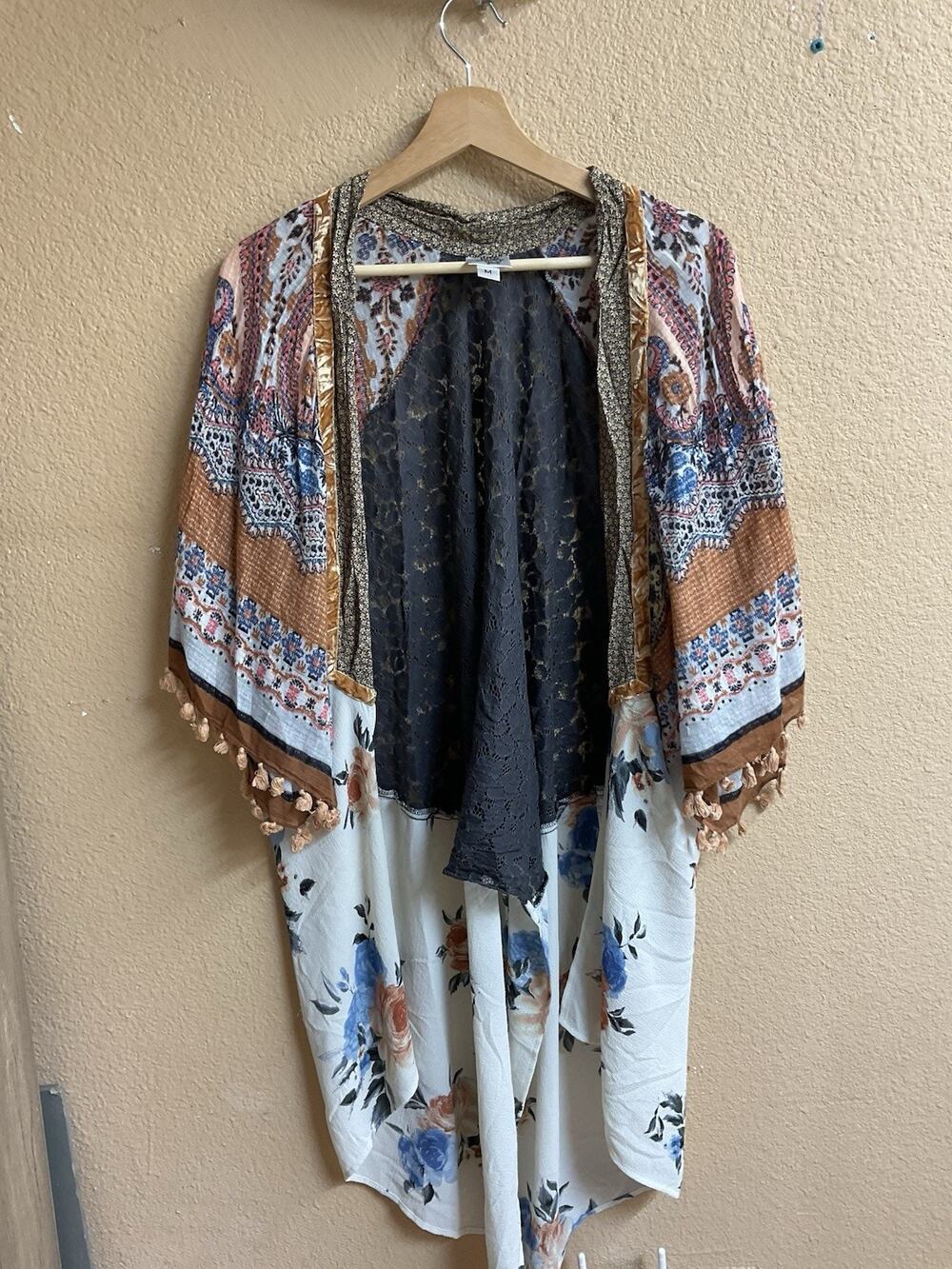 Ivy Jane Kimono Womens Medium Multicolor Lace Patchwork Fringe Boho Festival USA